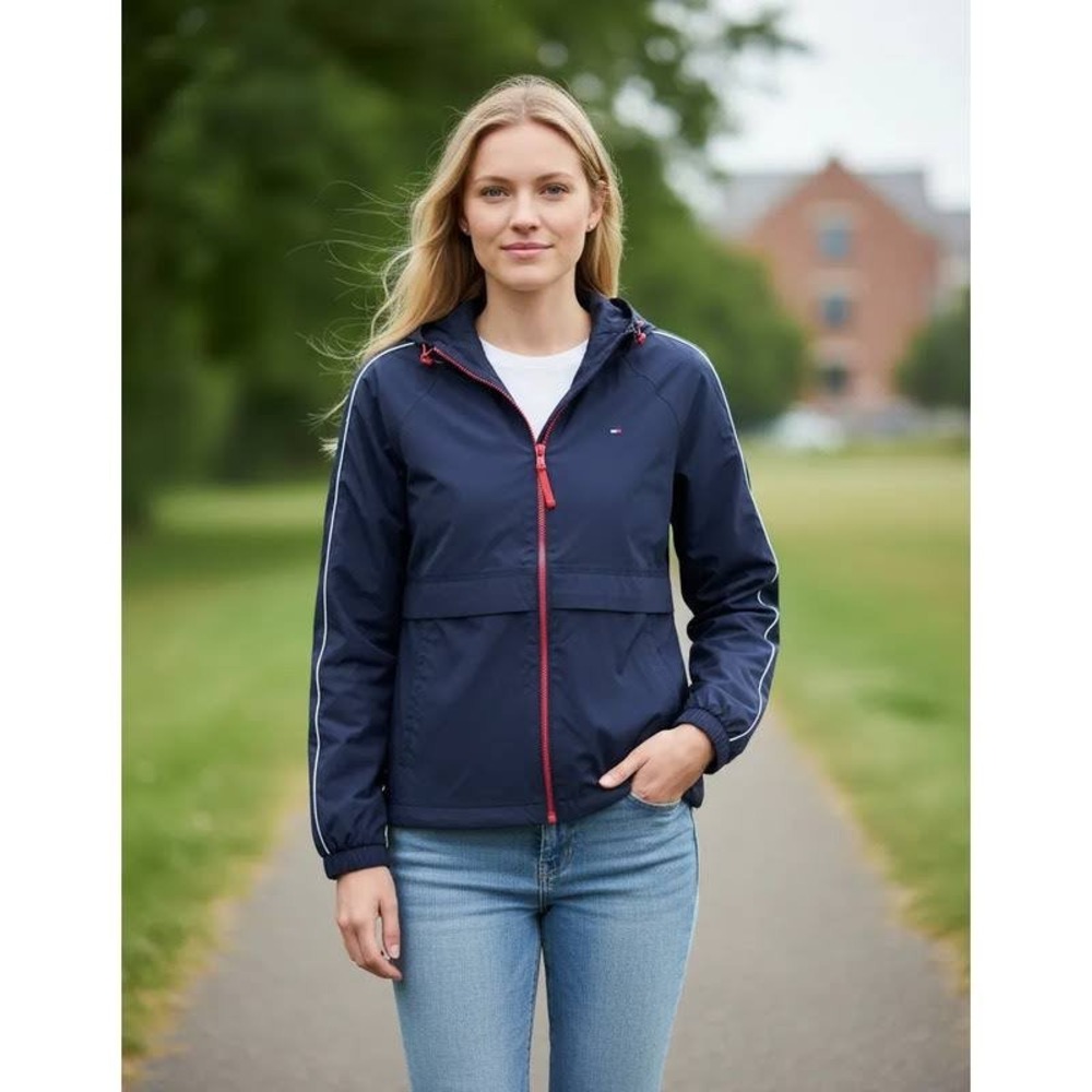 NWT Tommy Hilfiger Womens Navy Blue Hooded Windbreaker Jacket Red Trim Size L